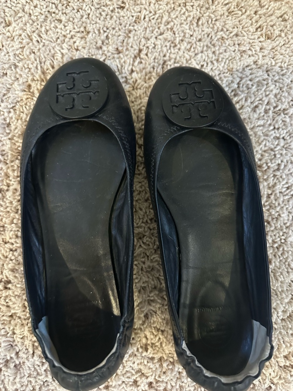 Tory Burch Black Logo Round-Toe Leather Ballet Flats